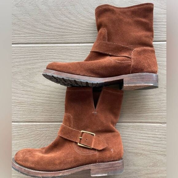 Frye Natalie Side Buckle Suede Engineer Short Boots Chestnut Brown size 6.5 - Picture 3 of 6